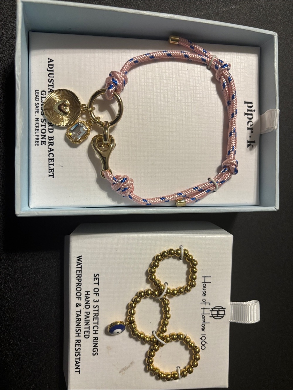 Piper K Pink Blue Adjustable Heart Charm Bracelet & House of Harlow Stretch Ring